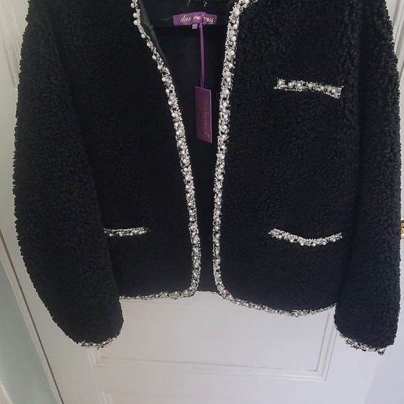 Glamourpuss NYC Faux Fur Blazer Black with Embroidered Pearl Trim Size M/L - Picture 7 of 8